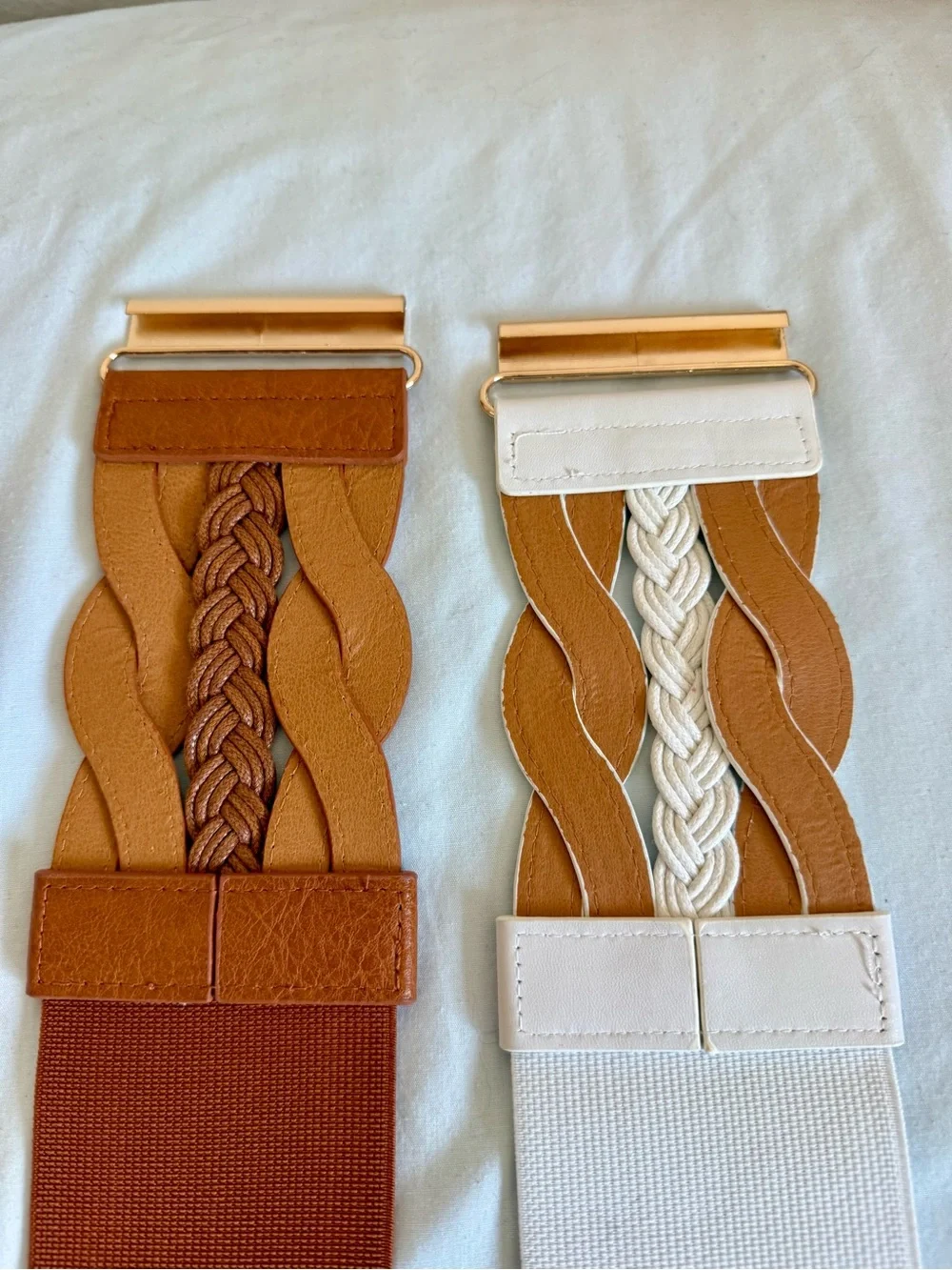 2 Elastic Braided Waist Belts - Tan and White